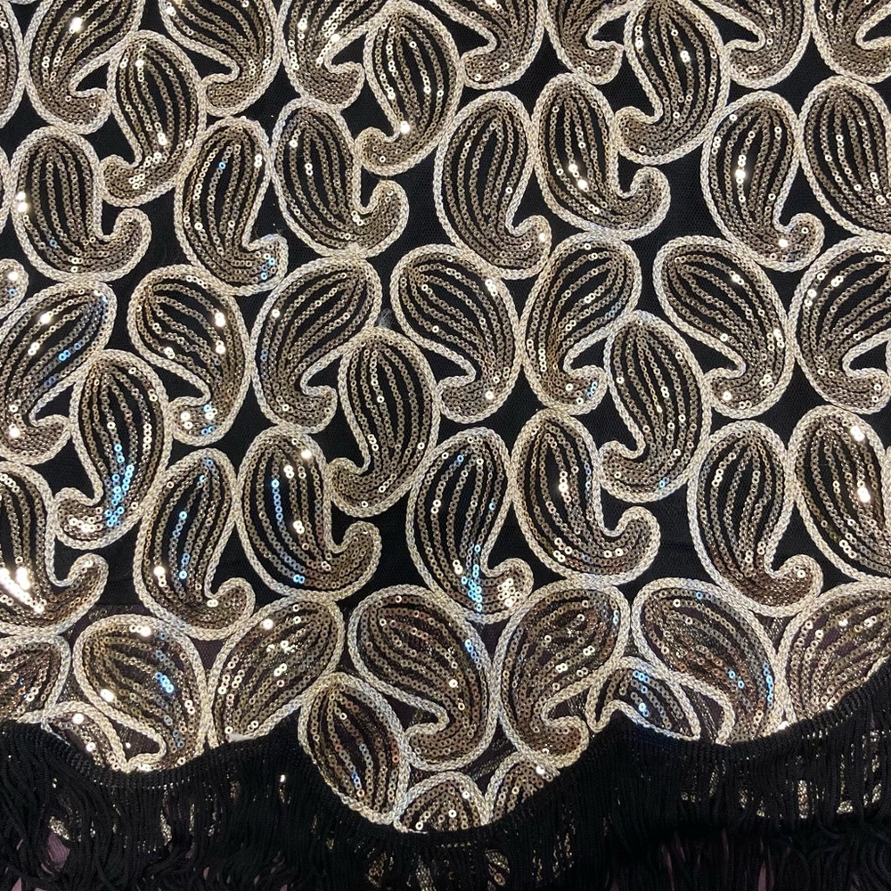 Black and Gold Sleeveless Sheath Dress Fringe Paisley Sequins - Picture 14 of 15